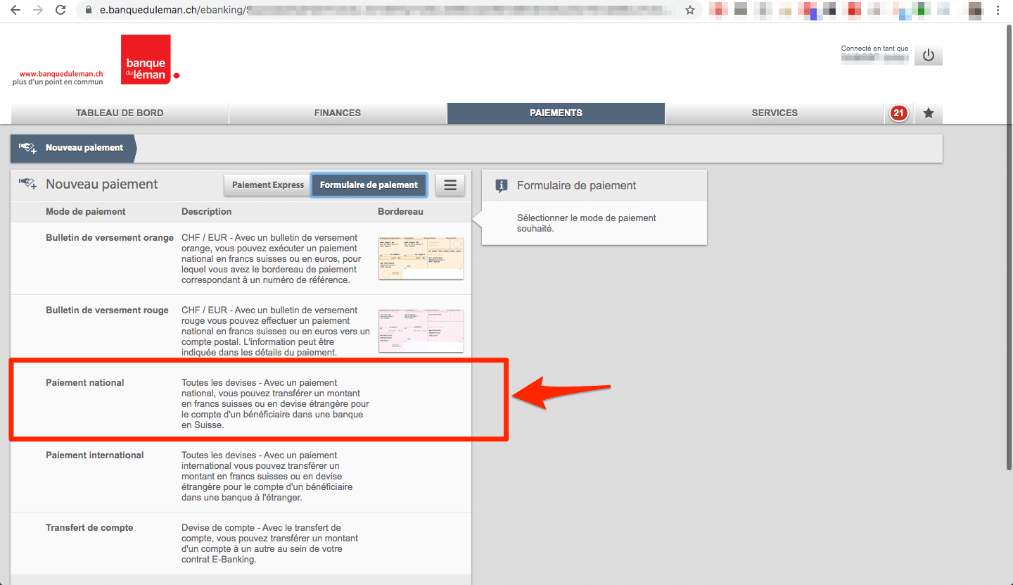 ebanking Banque du Léman - choix d'un paiement national (compte CHF vers compte CHF) ebanking Banque du Léman - choix d'un paiement national (compte CHF vers compte CHF)