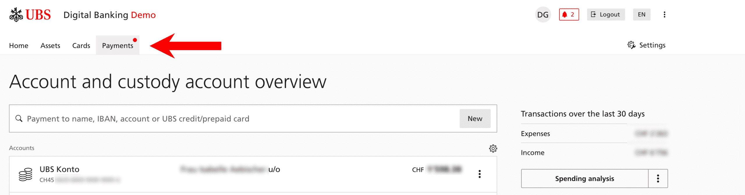 This screenshot is from the demo version of UBS Digital Banking