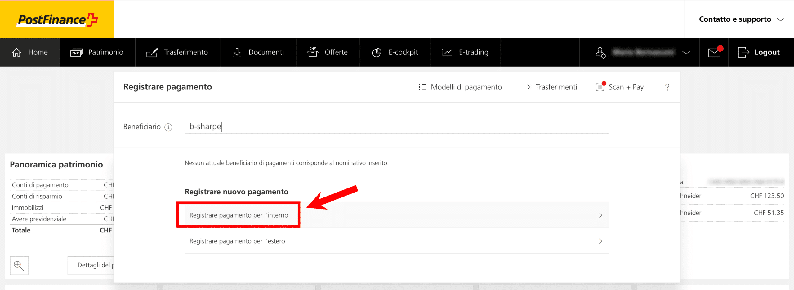 Questo screenshot è la proprietà di PostFinance