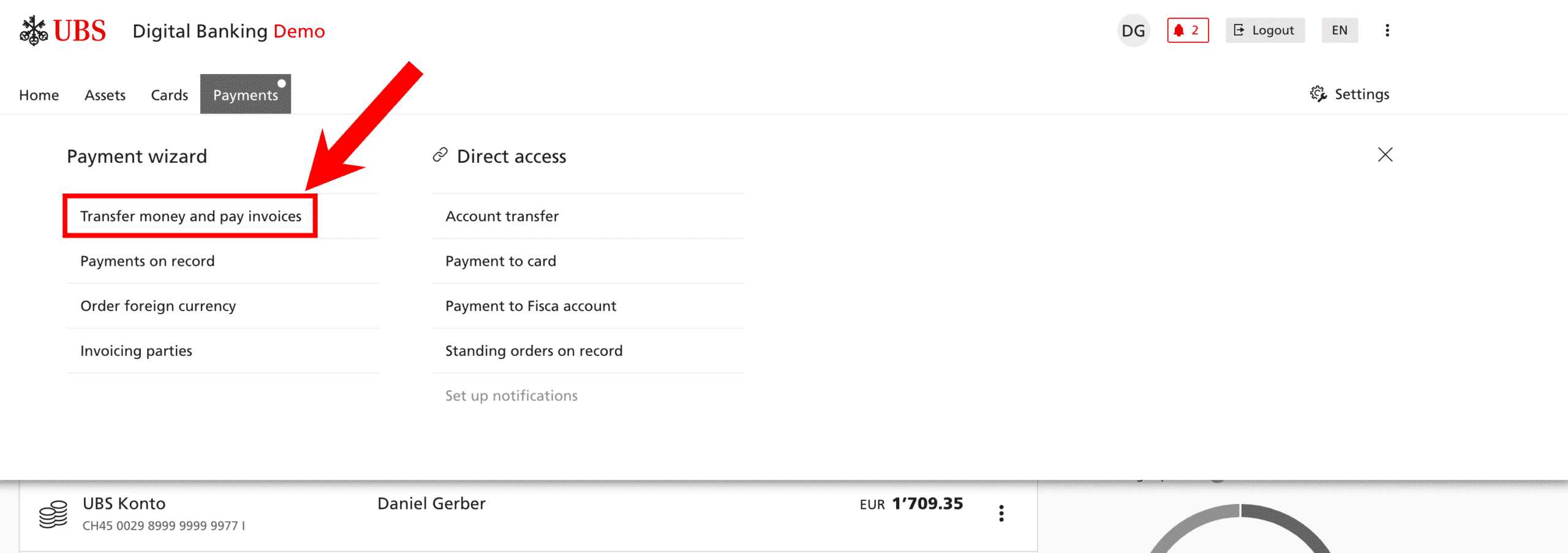 This screenshot is from the demo version of UBS Digital Banking