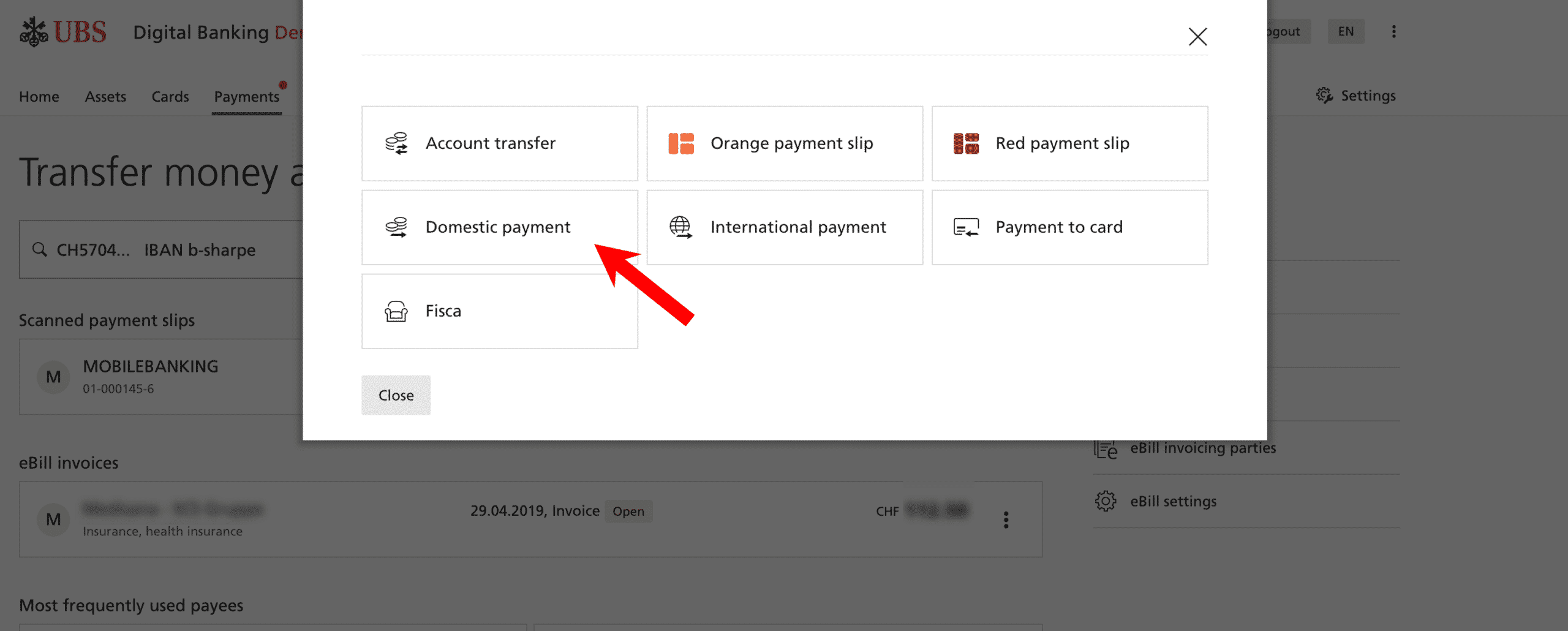This screenshot is from the demo version of UBS Digital Banking