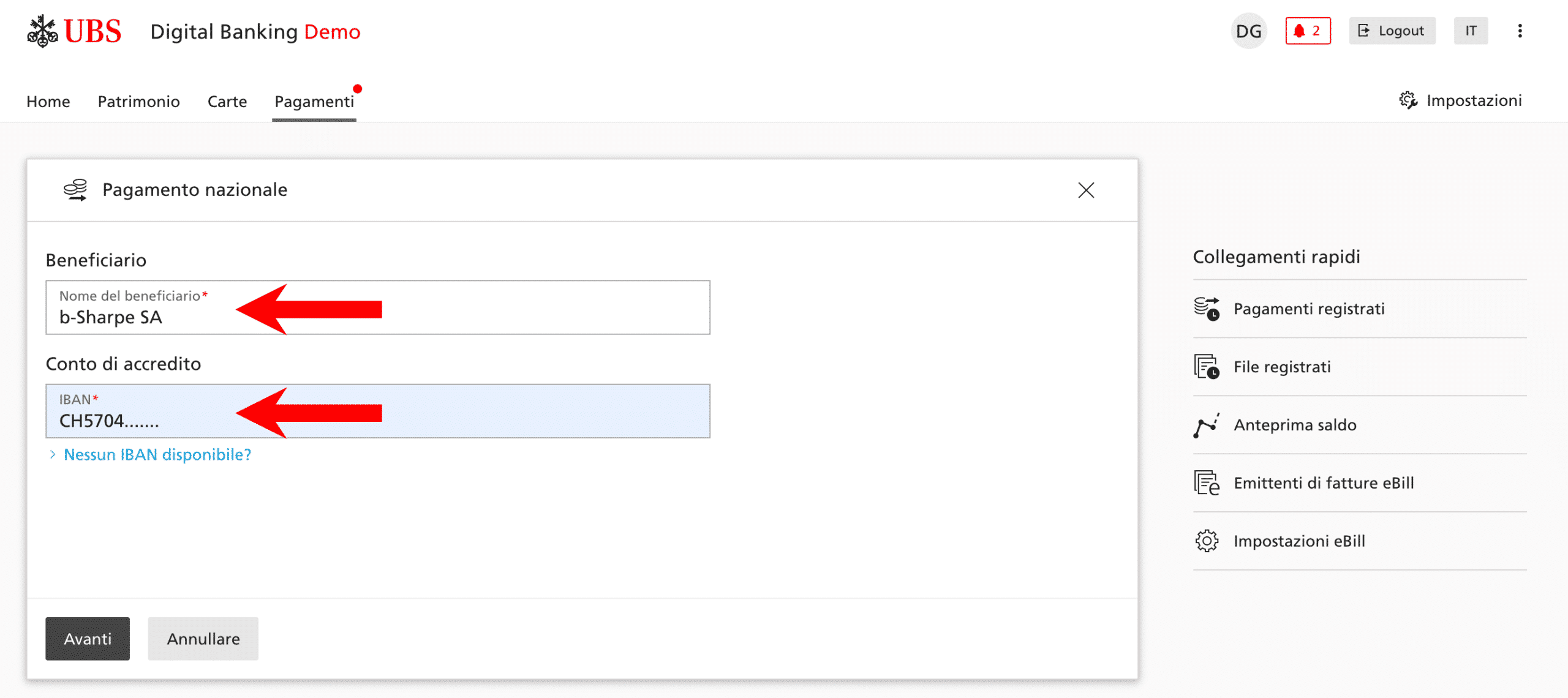 Bonifico conto UBS