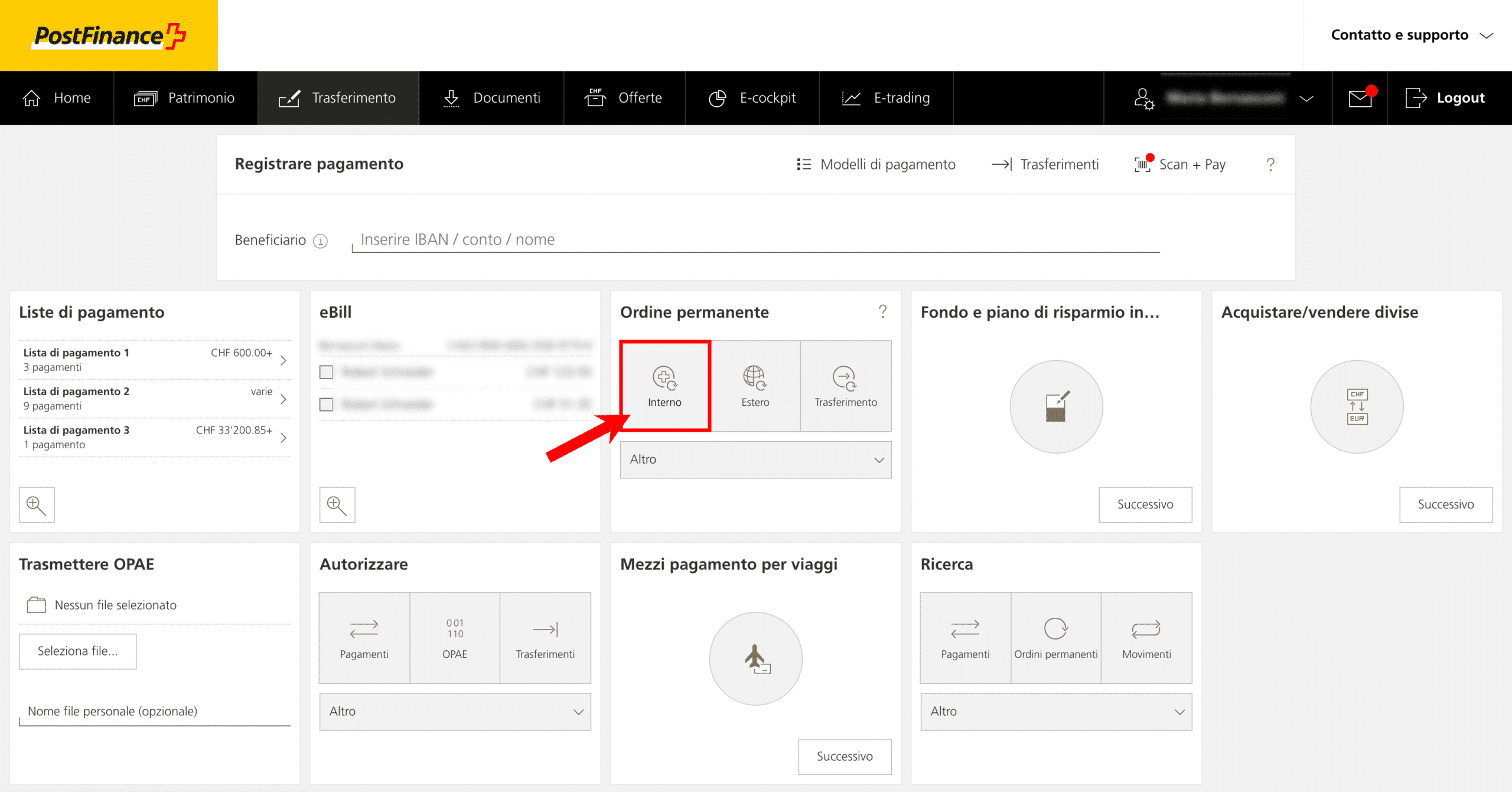 Questo screenshot è la proprietà di PostFinance