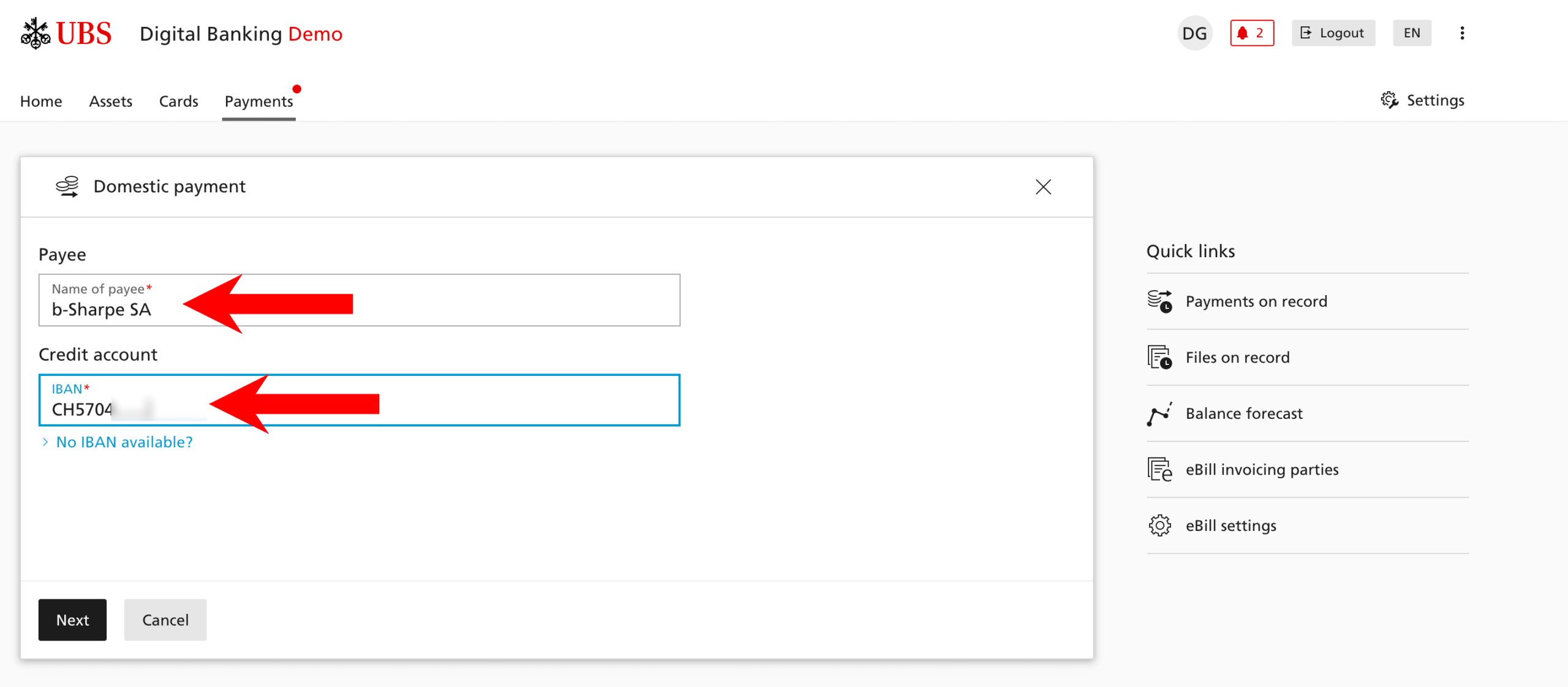 This screenshot is from the demo version of UBS Digital Banking