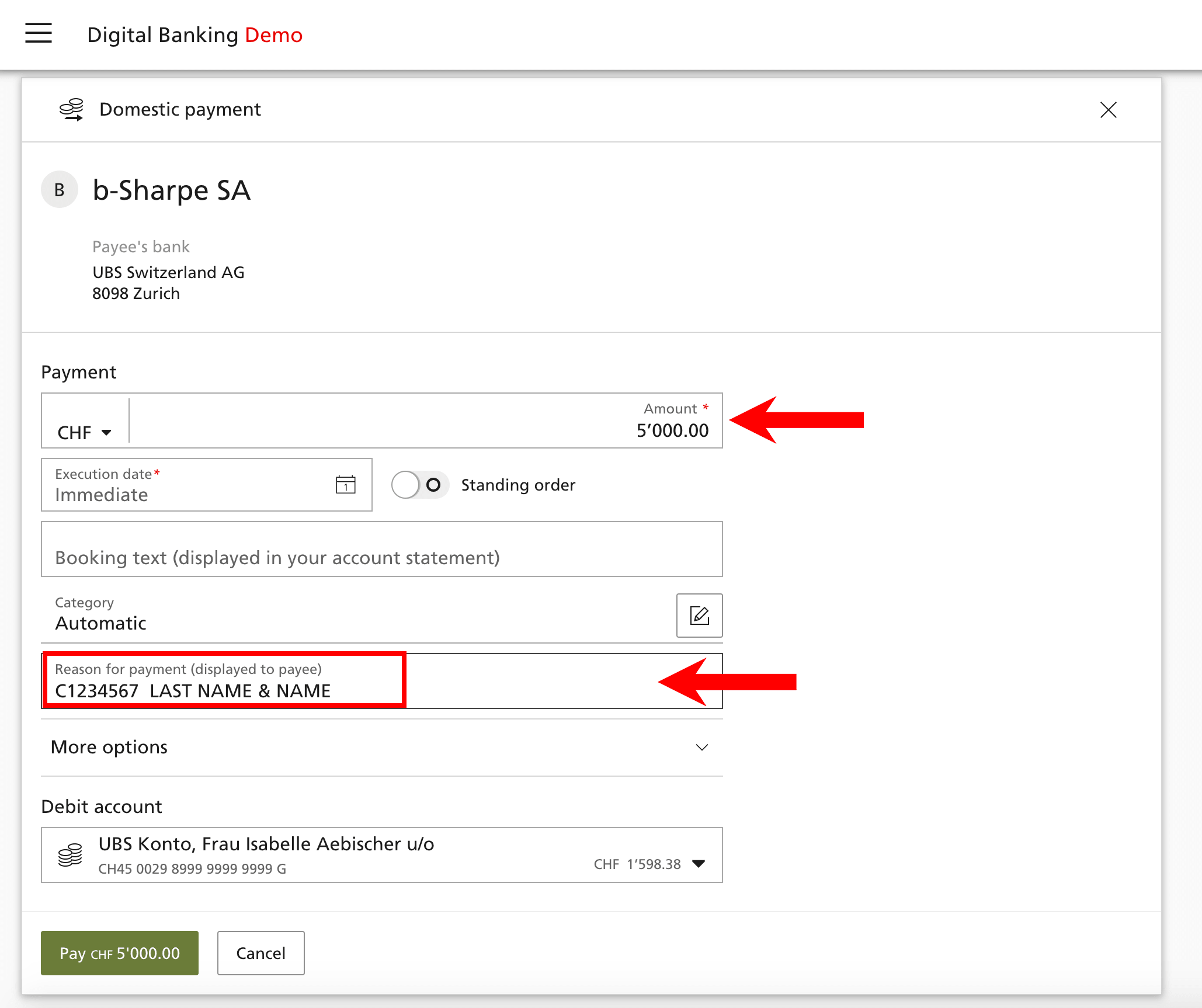 This screenshot is from the demo version of UBS Digital Banking