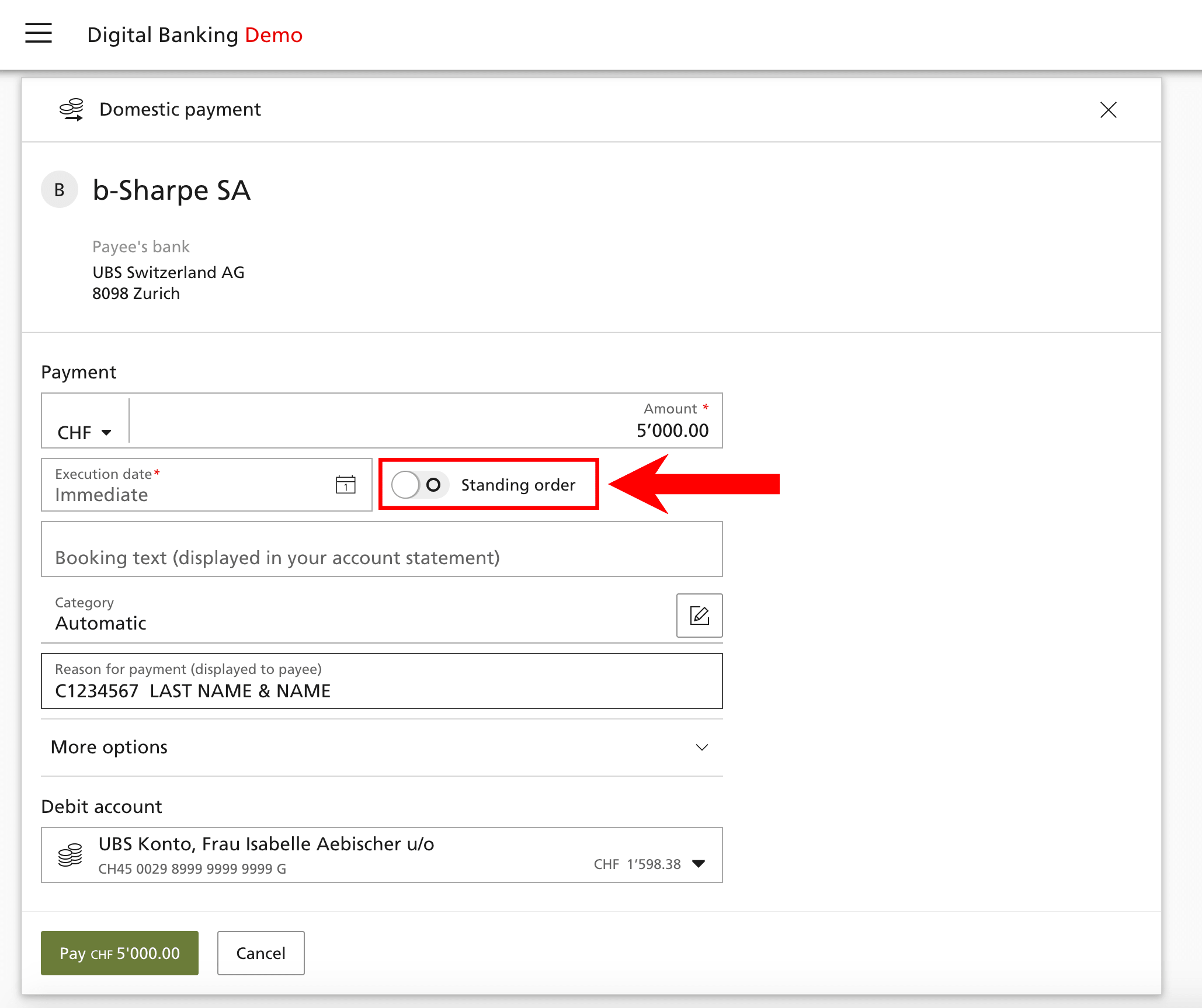 This screenshot is from the demo version of UBS Digital Banking