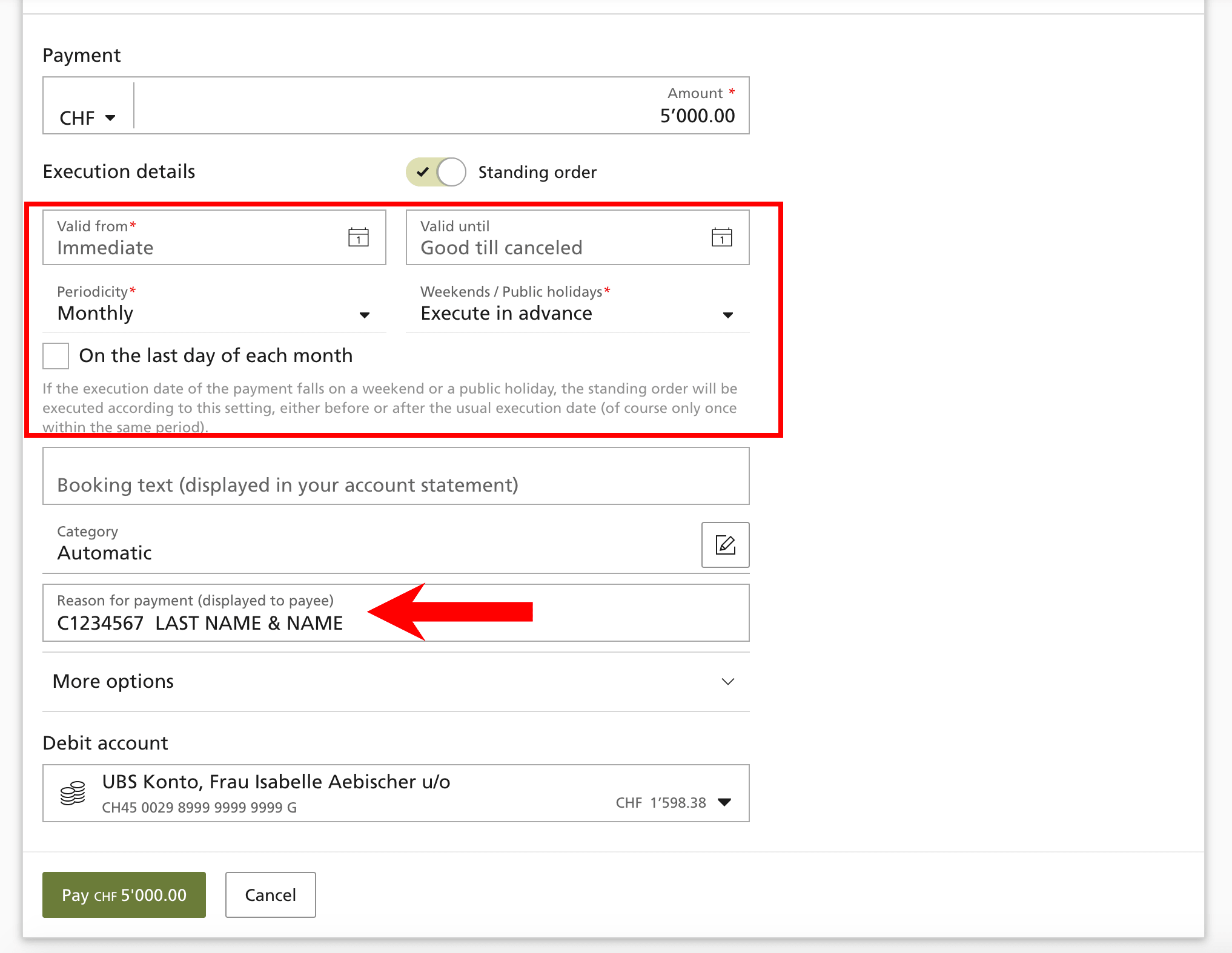 This screenshot is from the demo version of UBS Digital Banking