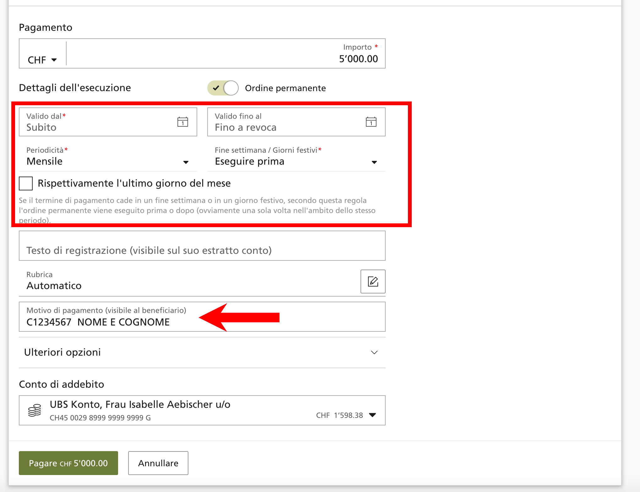 Bonifico conto UBS