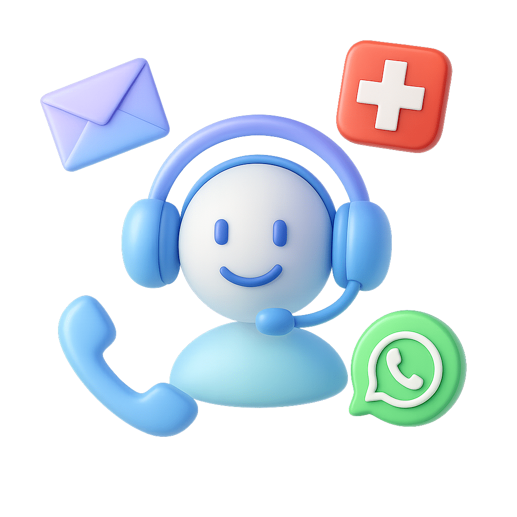 Agent de support client avec casque entouré d'icônes de communication : email, téléphone, WhatsApp et assistance