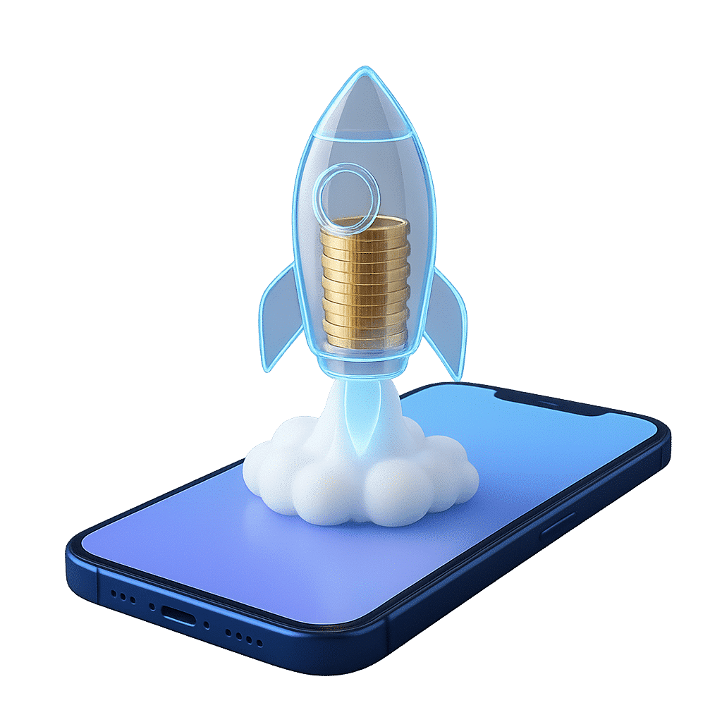 Fusée transparente contenant des pièces d'or décollant d'un téléphone mobile bleu