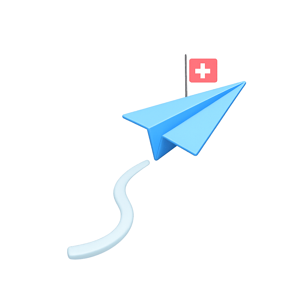 Blue plane with Swiss flag, symbol of CHF EUR money transfer to Switzerland