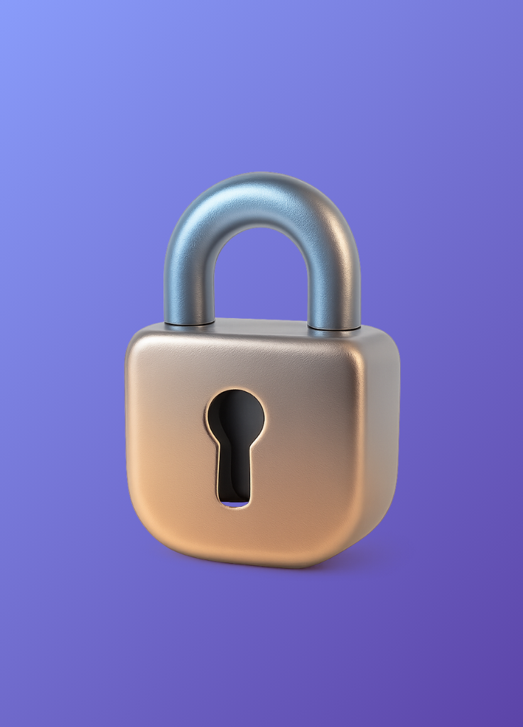 Cadenas doré et argenté fermé avec serrure sur fond dégradé violet