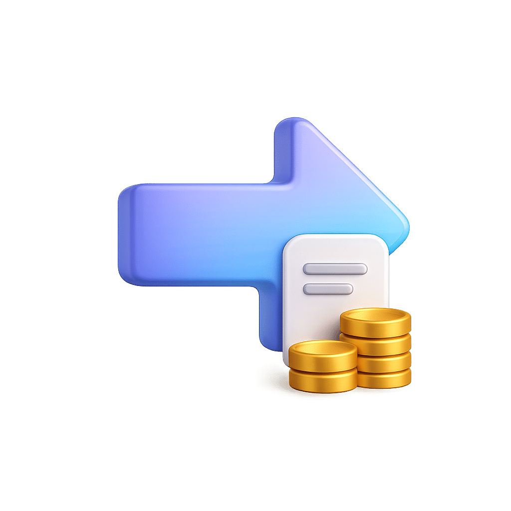 Flèche bleue pointant vers la droite avec document et pièces d'or, symbole d'échange et transaction monétaire