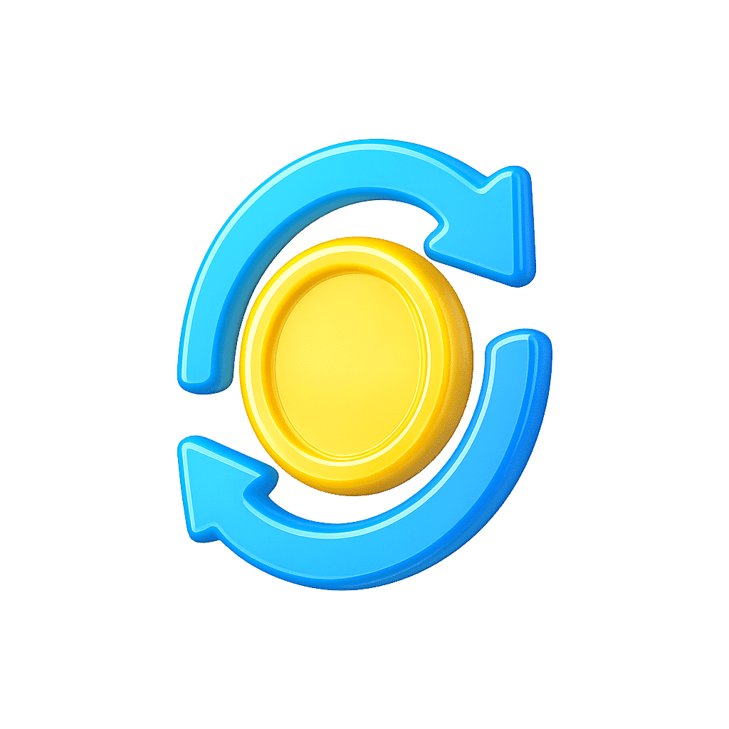 Icône de conversion monétaire avec flèches bleues circulaires et pièce jaune centrale