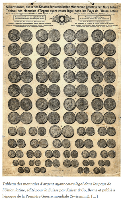 Tableau historique des monnaies d'argent en circulation légale dans les pays de l'Union latine et la Suisse circa 1900