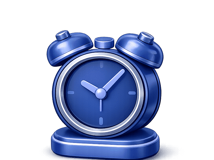 Réveil bleu avec deux cloches, cadran affichant 3 heures, symbole de ponctualité