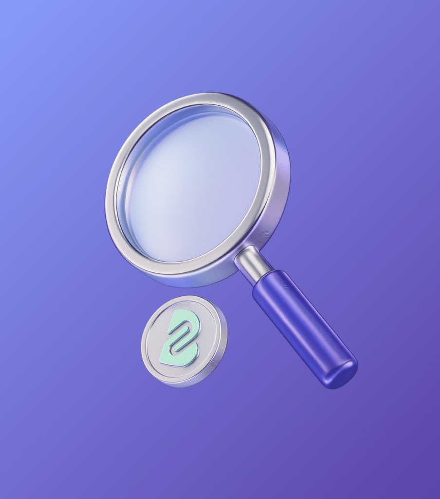Loupe avec logo B-Sharpe sur fond violet pour rechercher les meilleurs taux de change CHF EUR