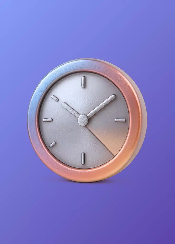 Horloge moderne avec cadran gris et boîtier rose-doré sur fond bleu dégradé