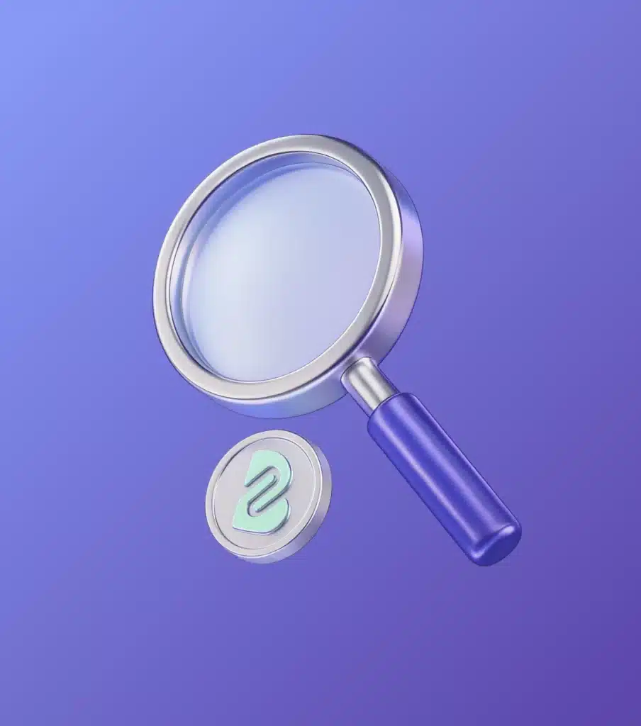 Lupe mit B-Sharpe-Logo auf violettem Hintergrund zur Suche nach den besten CHF-EUR-Wechselkursen